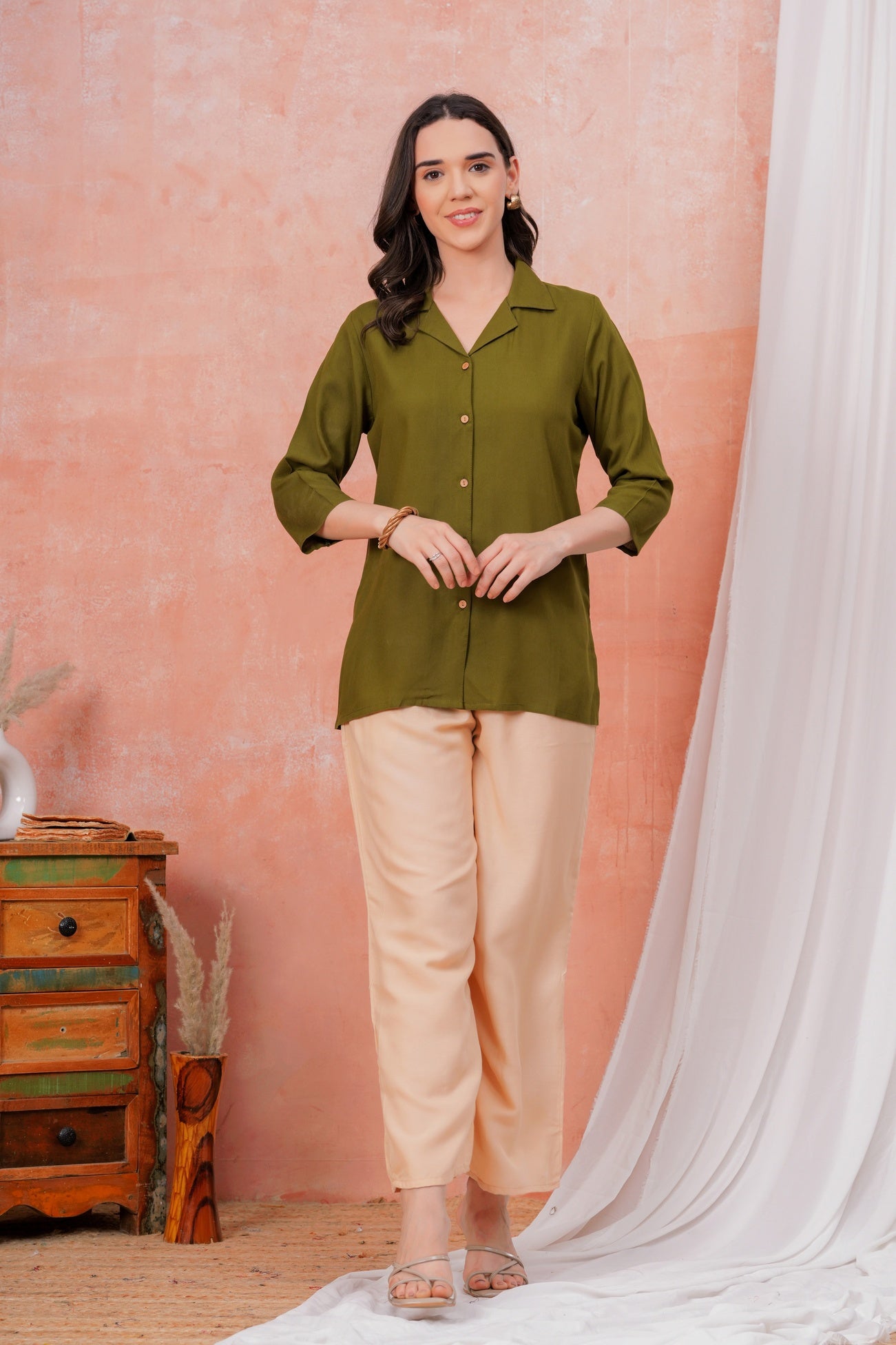 Women Green Shirt Collar Top With Beige Palazzo Co-Ord Set