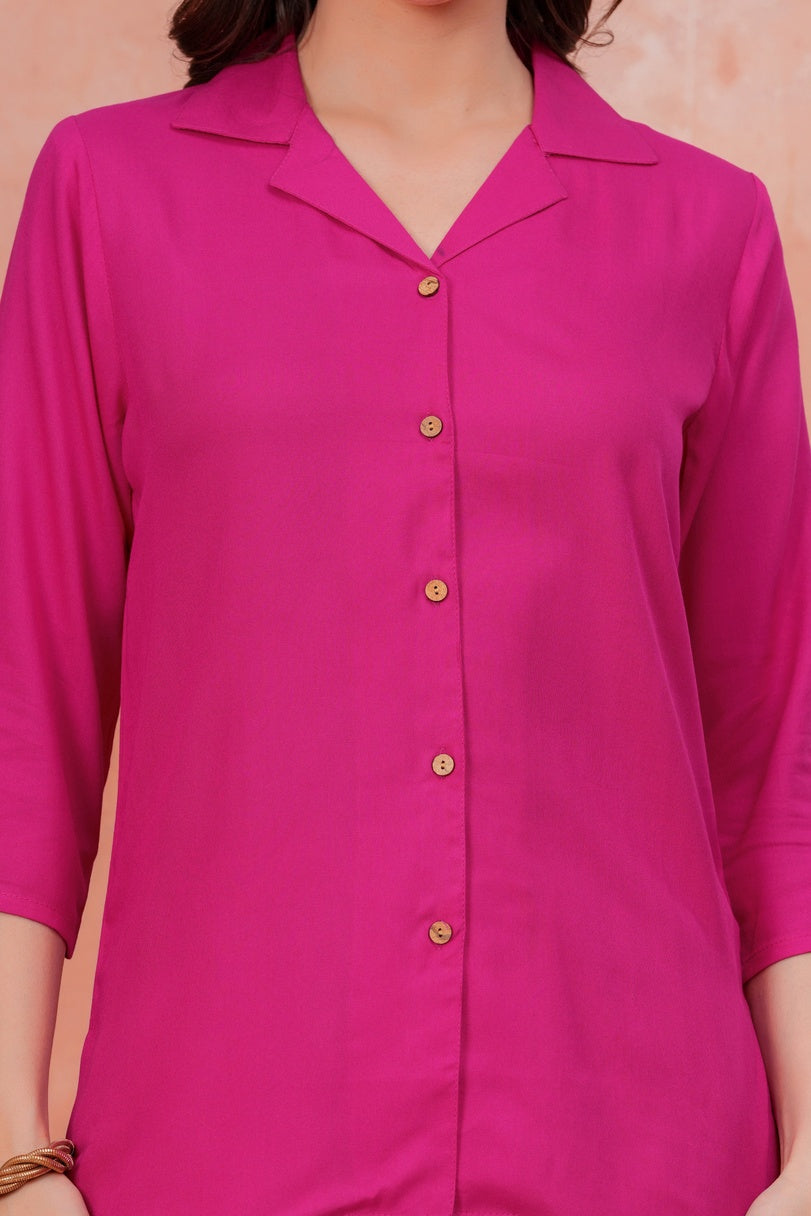 Women Pink Shirt Collar Top With Beige Palazzo Co-Ord Set