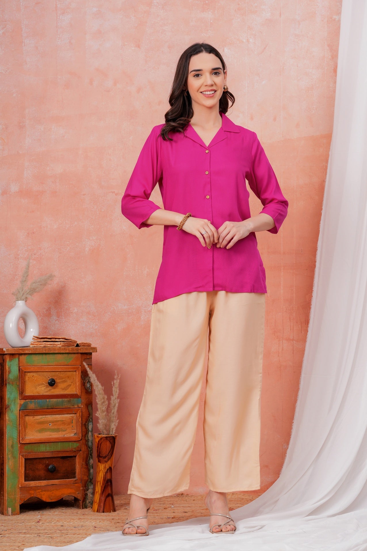 Women Pink Shirt Collar Top With Beige Palazzo Co-Ord Set