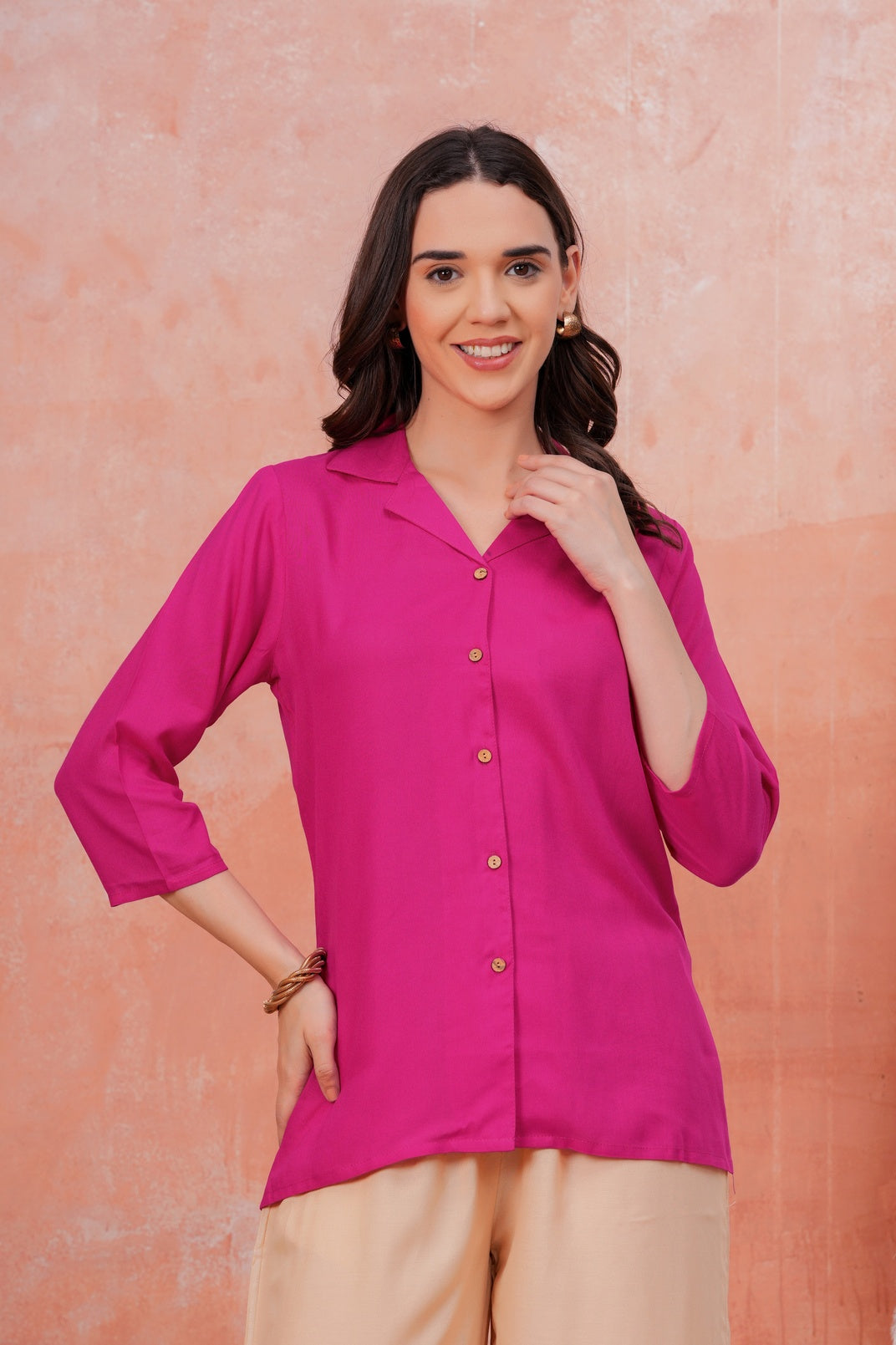 Women Pink Shirt Collar Top With Beige Palazzo Co-Ord Set
