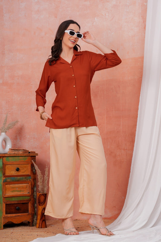 Women Maroon Shirt Collar Top With Beige Palazzo Co-Ord Set