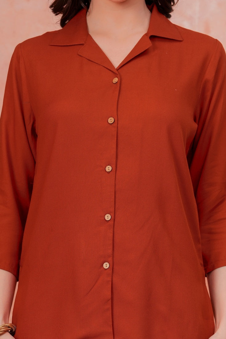 Women Maroon Shirt Collar Top With Beige Palazzo Co-Ord Set
