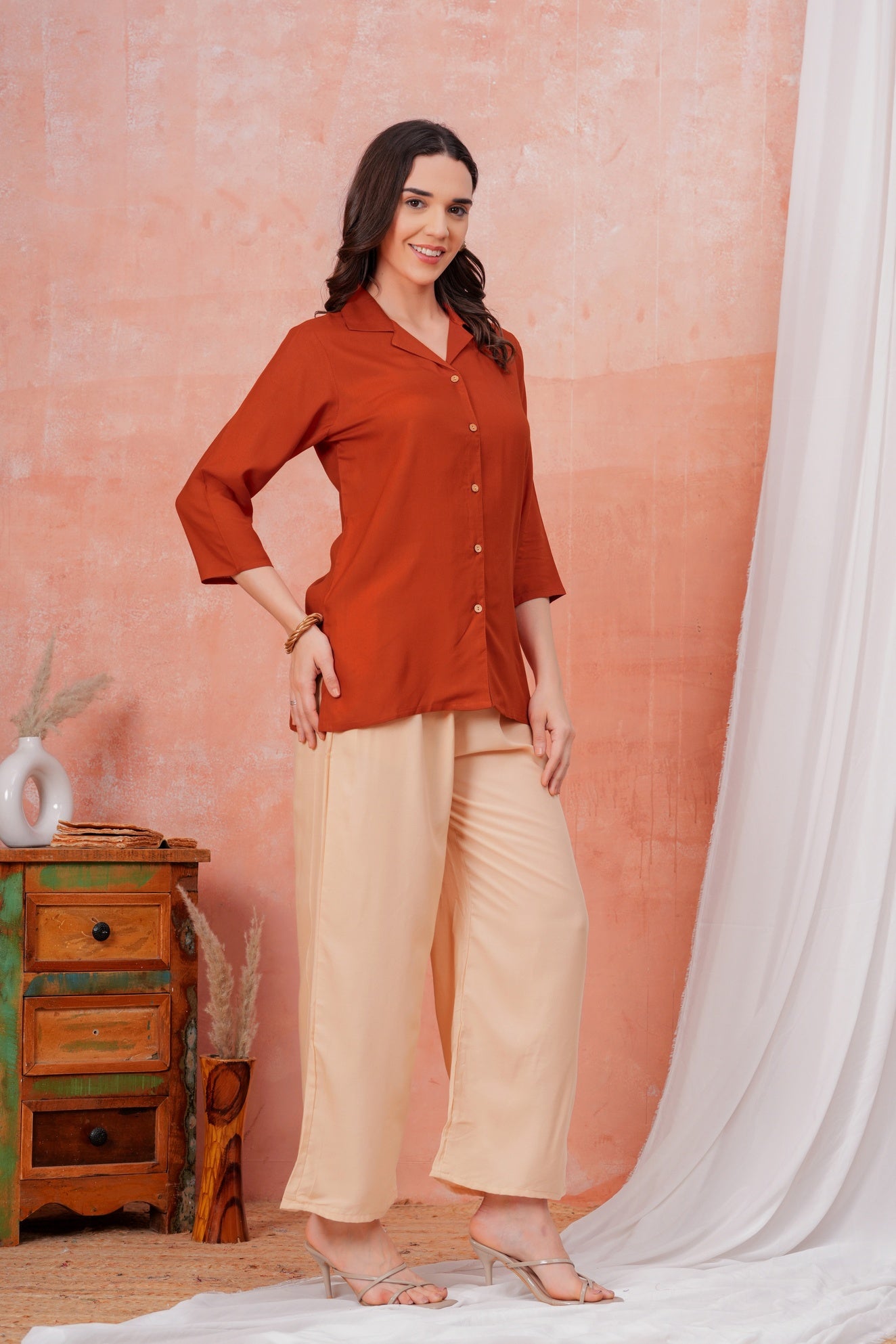 Women Maroon Shirt Collar Top With Beige Palazzo Co-Ord Set
