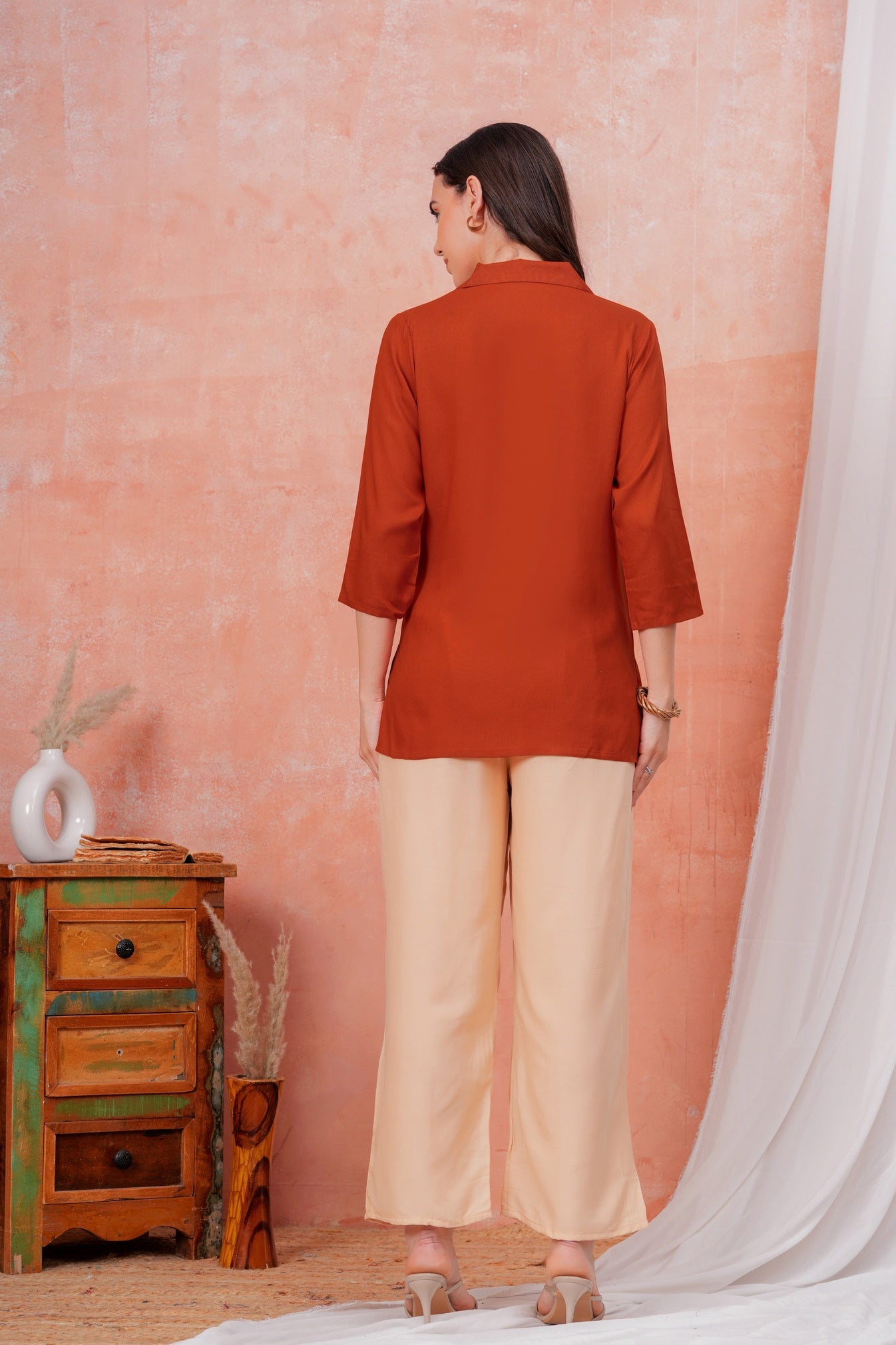 Women Maroon Shirt Collar Top With Beige Palazzo Co-Ord Set