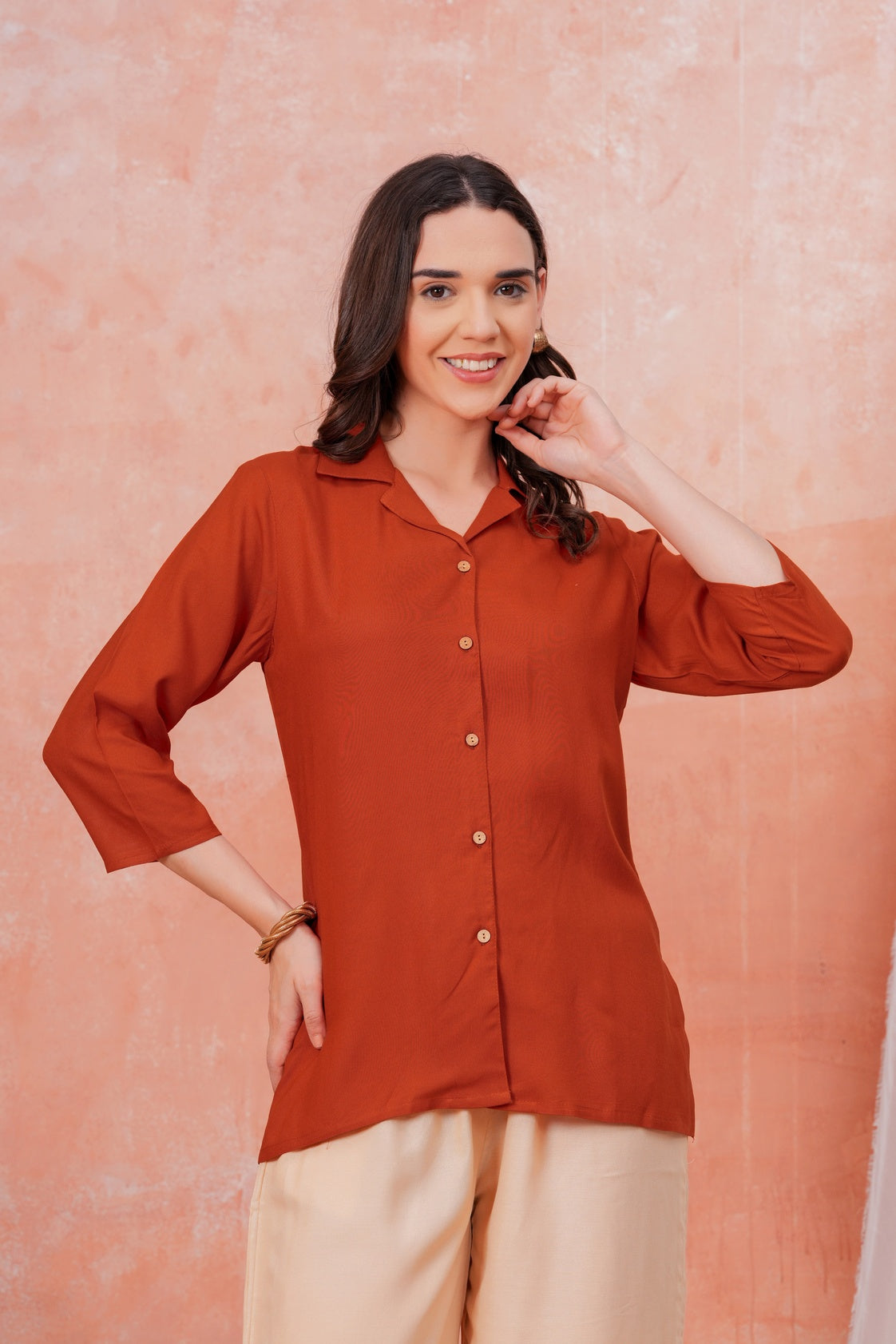 Women Maroon Shirt Collar Top With Beige Palazzo Co-Ord Set