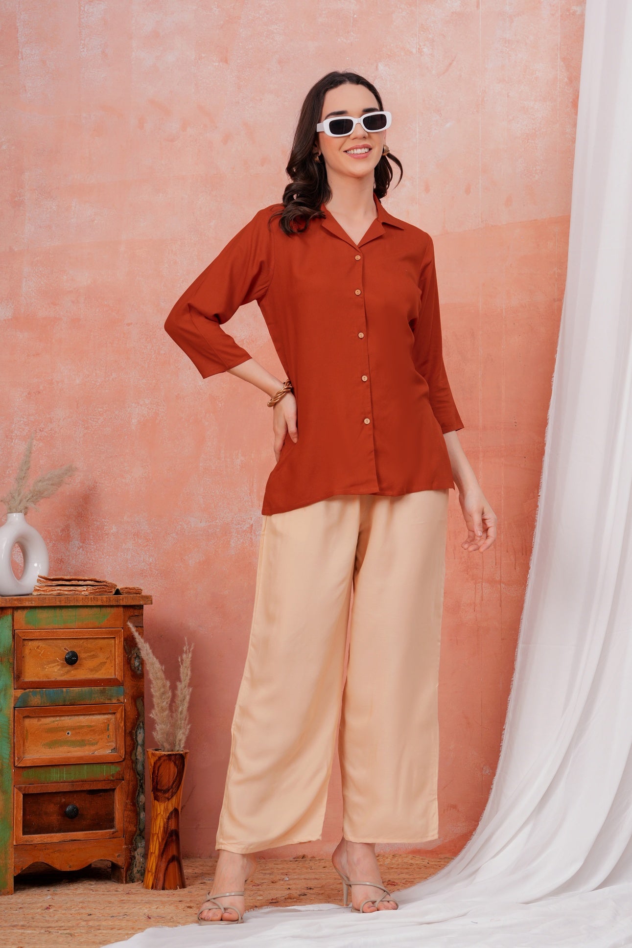 Women Maroon Shirt Collar Top With Beige Palazzo Co-Ord Set