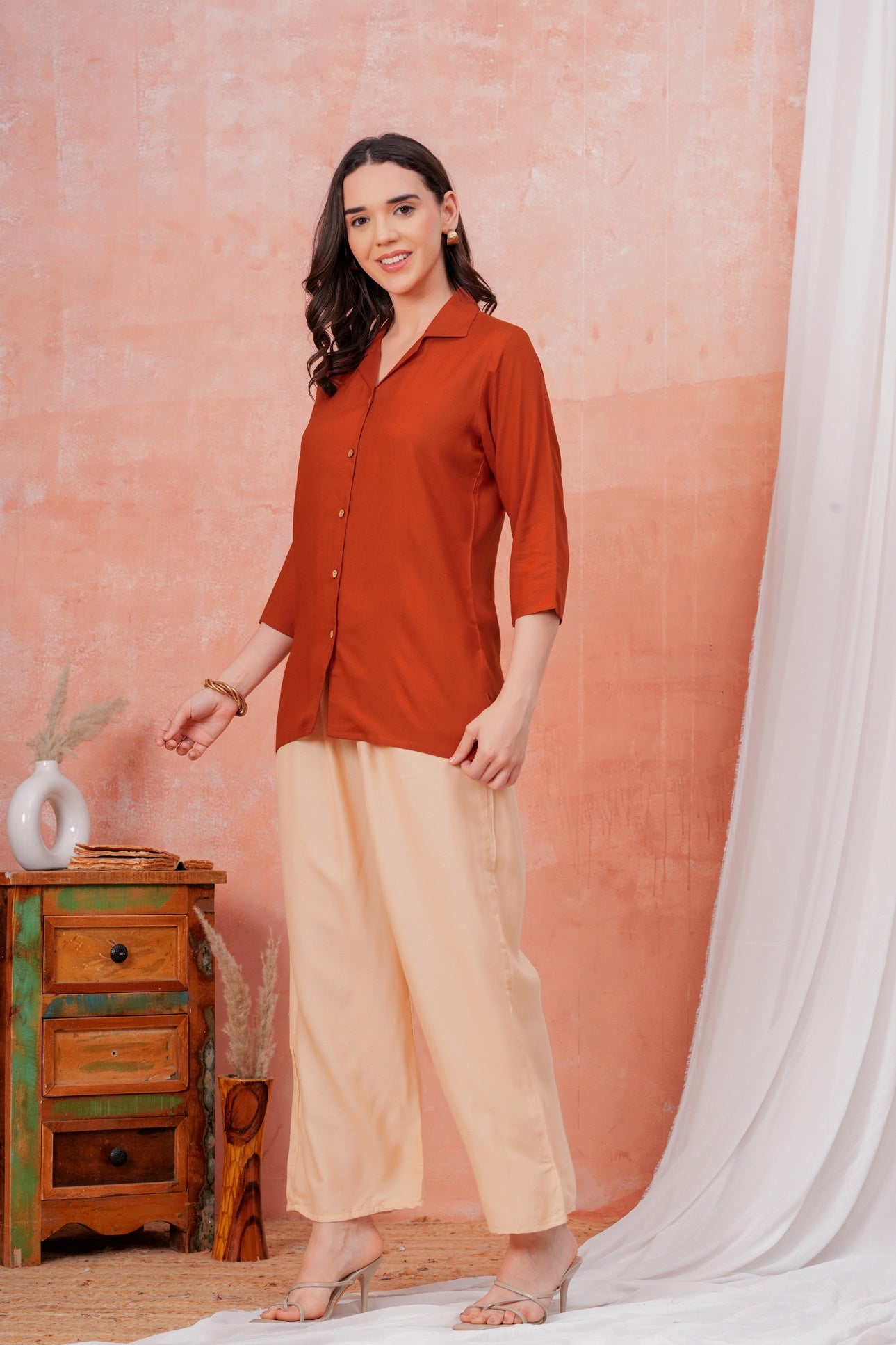 Women Maroon Shirt Collar Top With Beige Palazzo Co-Ord Set