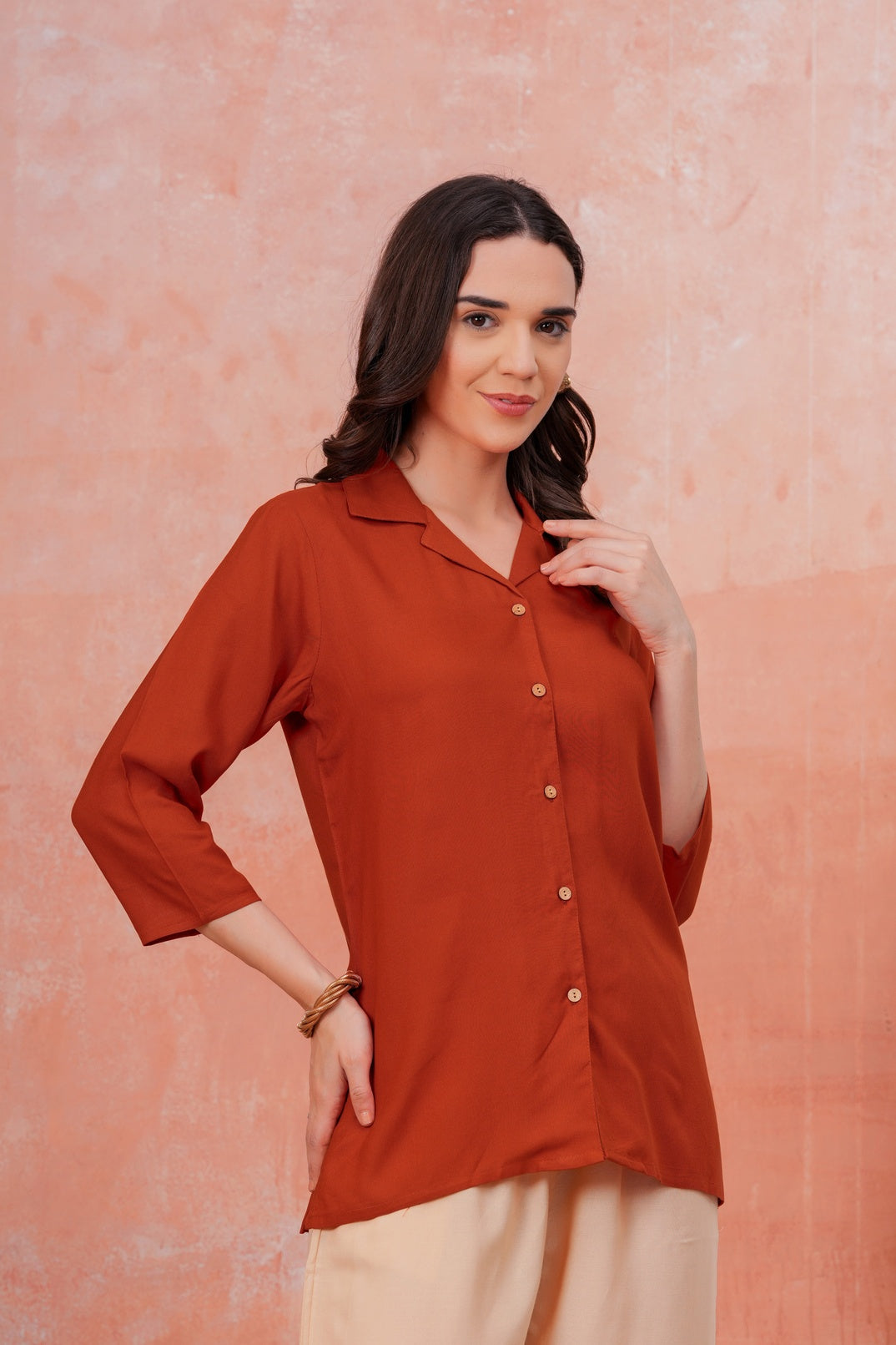 Women Maroon Shirt Collar Top With Beige Palazzo Co-Ord Set
