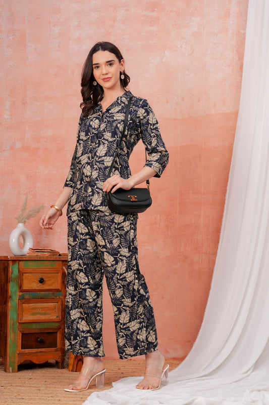 Veshviti Women Navy Blue Leaf Printed Shirt Collar Top With Palazzo Co-Ord Set