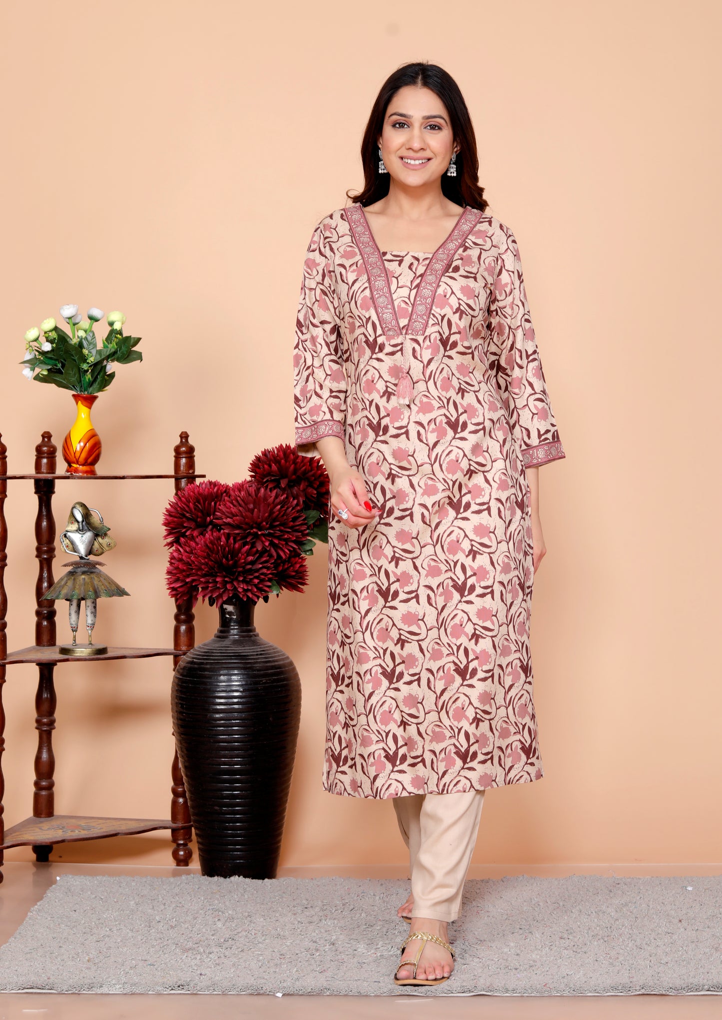 Wine Dabu Printed Rayon Printed Straight Women Kurta