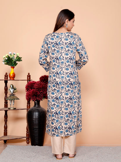 Teal Dabu Printed Rayon Printed Straight Women Kurta