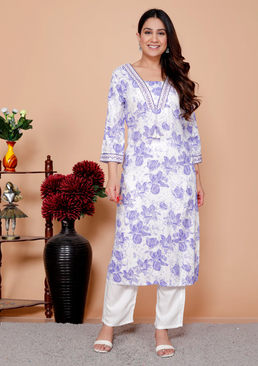 Purple Floral Printed Embroidered V Neck Rayon Straight Kurta