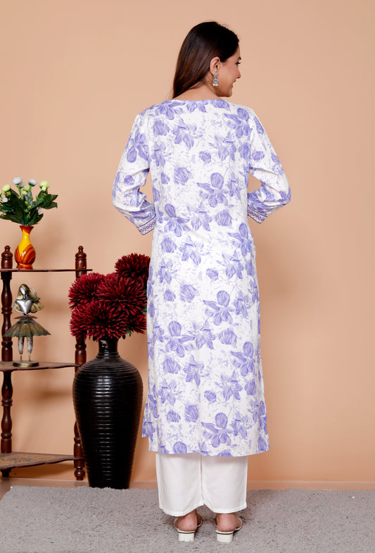 Purple Floral Printed Embroidered V Neck Rayon Straight Kurta