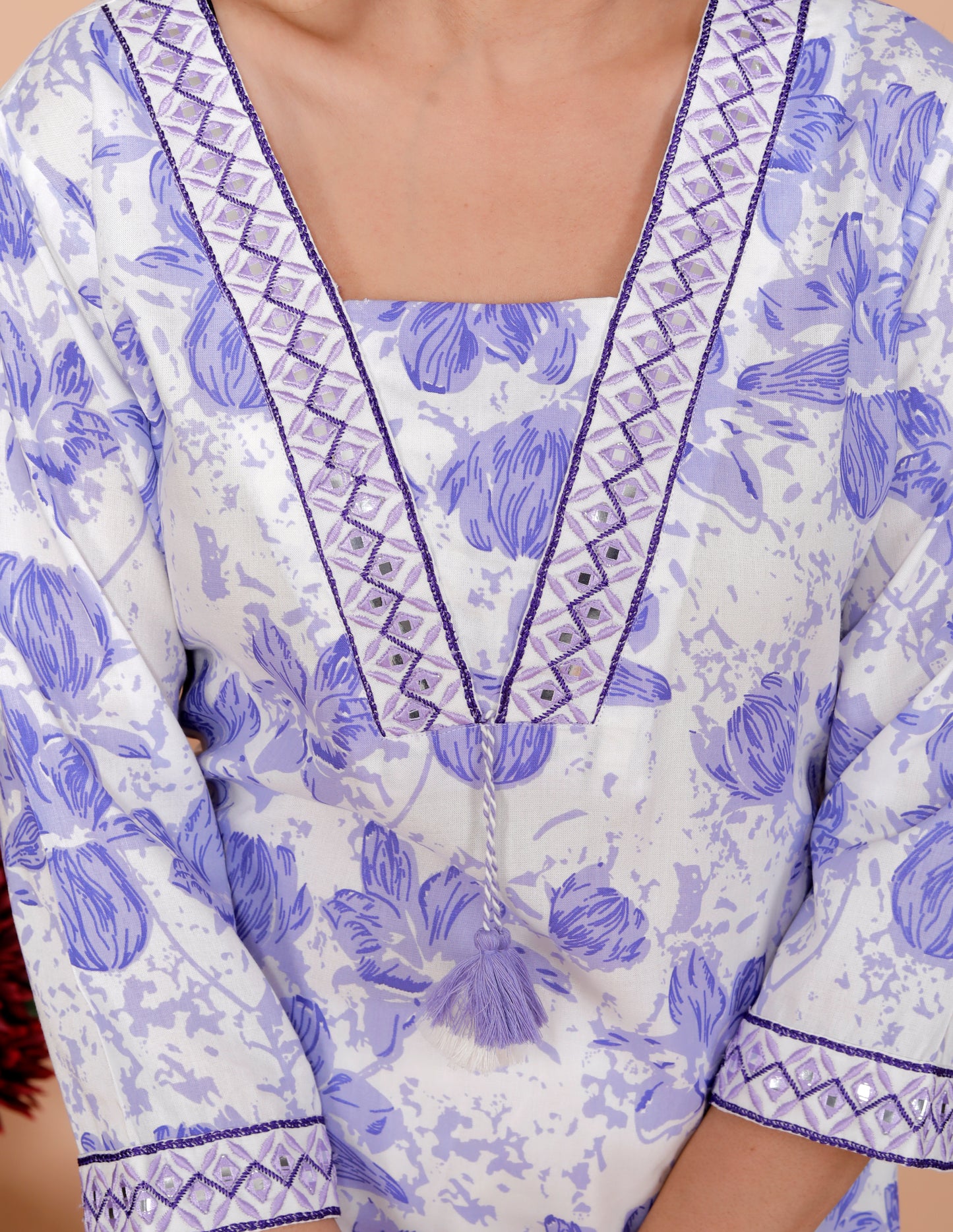 Purple Floral Printed Embroidered V Neck Rayon Straight Kurta