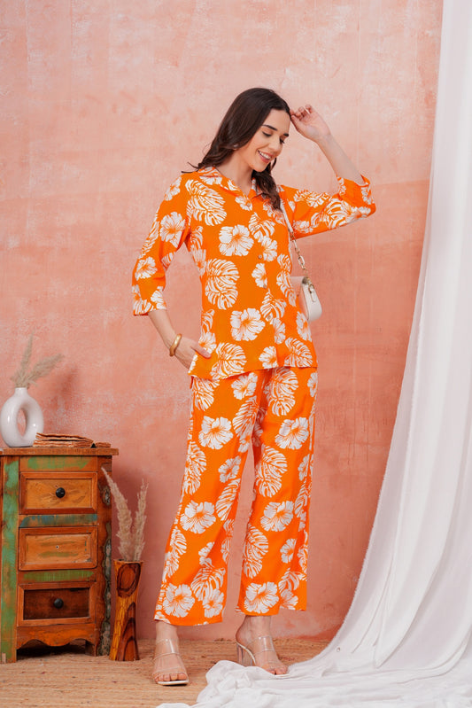 Women Orange Tropical Printed Shirt Collar Top With Palazzo Pants & One Side Pocket Co-Ord Set