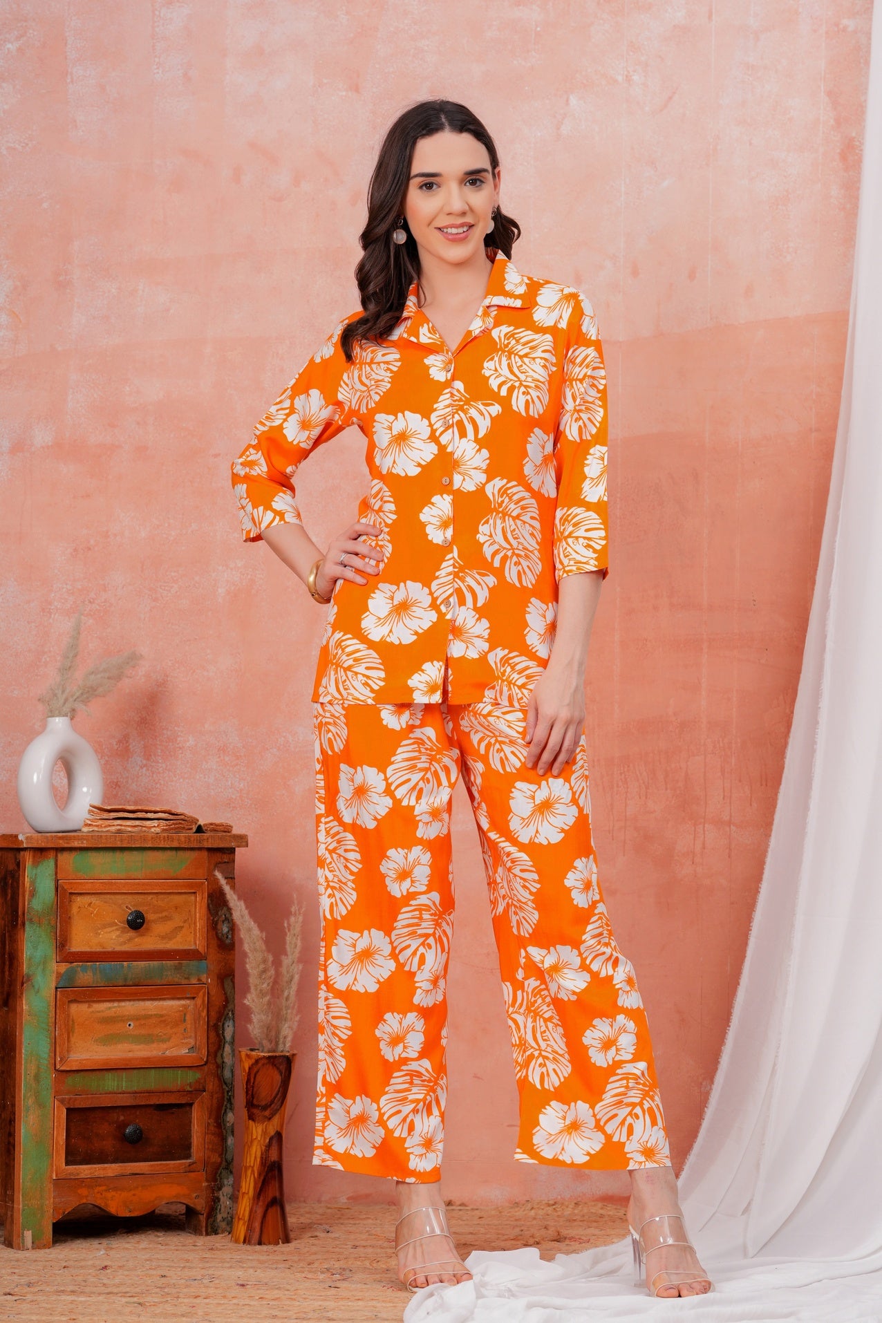 Women Orange Tropical Printed Shirt Collar Top With Palazzo Pants & One Side Pocket Co-Ord Set