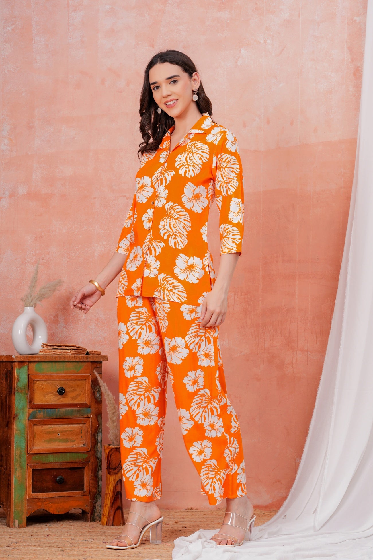 Women Orange Tropical Printed Shirt Collar Top With Palazzo Pants & One Side Pocket Co-Ord Set