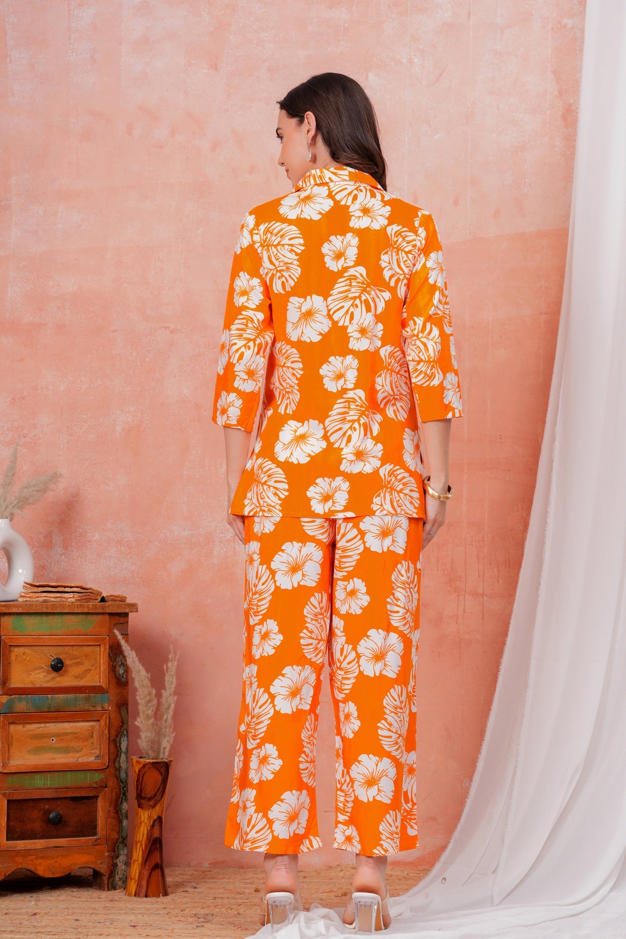 Women Orange Tropical Printed Shirt Collar Top With Palazzo Pants & One Side Pocket Co-Ord Set