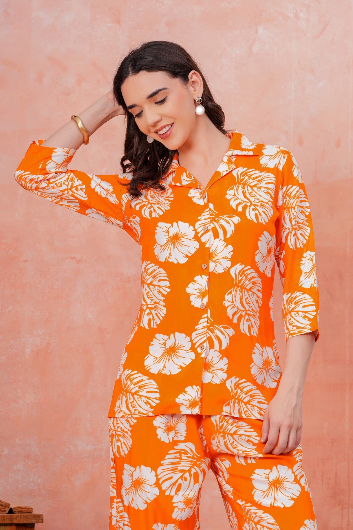 Women Orange Tropical Printed Shirt Collar Top With Palazzo Pants & One Side Pocket Co-Ord Set