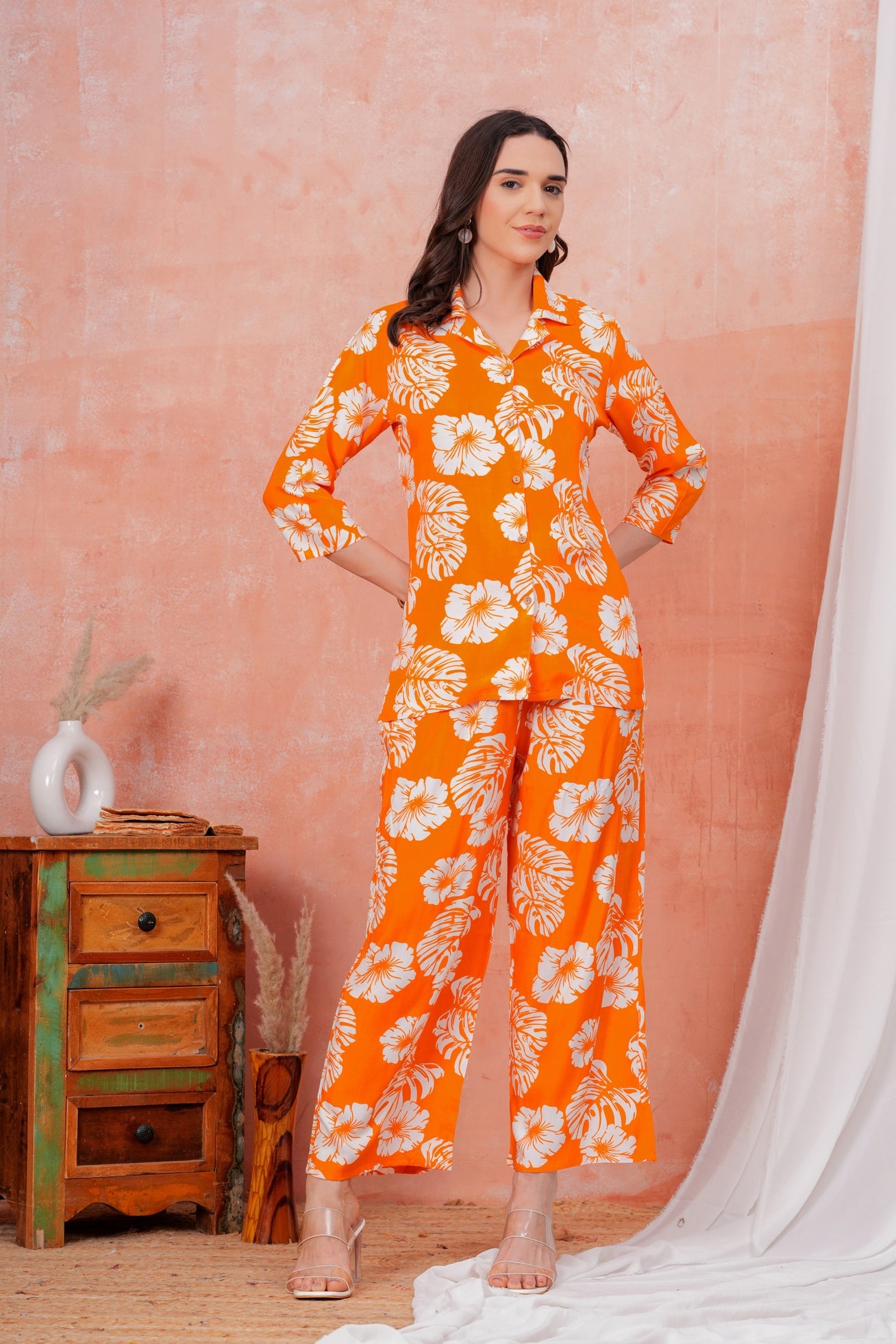 Women Orange Tropical Printed Shirt Collar Top With Palazzo Pants & One Side Pocket Co-Ord Set