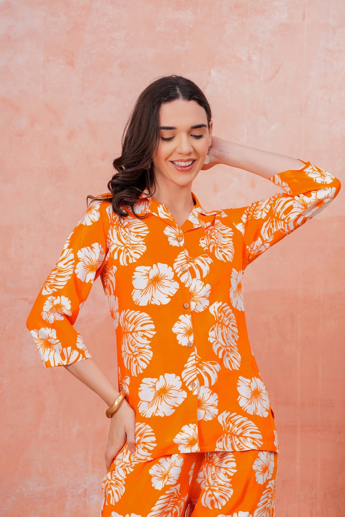 Women Orange Tropical Printed Shirt Collar Top With Palazzo Pants & One Side Pocket Co-Ord Set