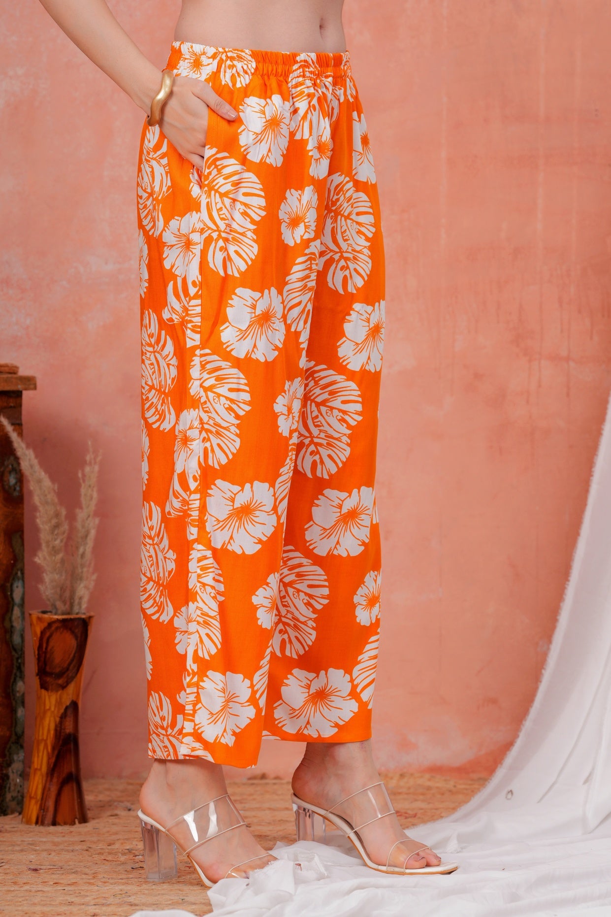 Women Orange Tropical Printed Shirt Collar Top With Palazzo Pants & One Side Pocket Co-Ord Set