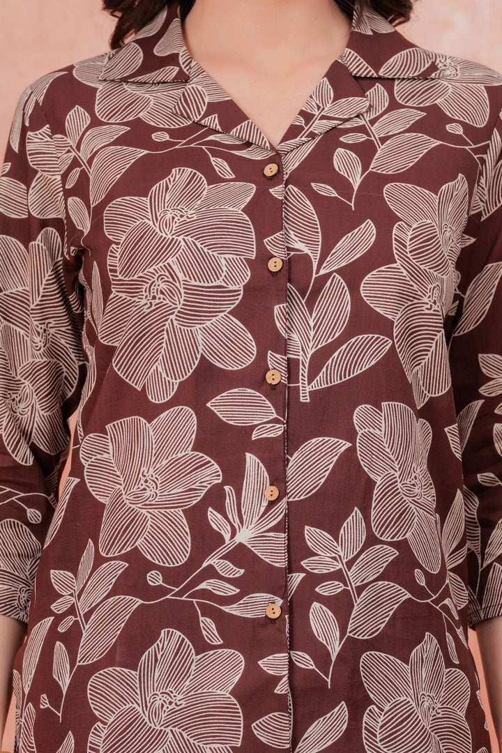 Women Brown Floral Printed Shirt Collar Top With Palazzo Pants & One Side Pocket Co-Ord Set