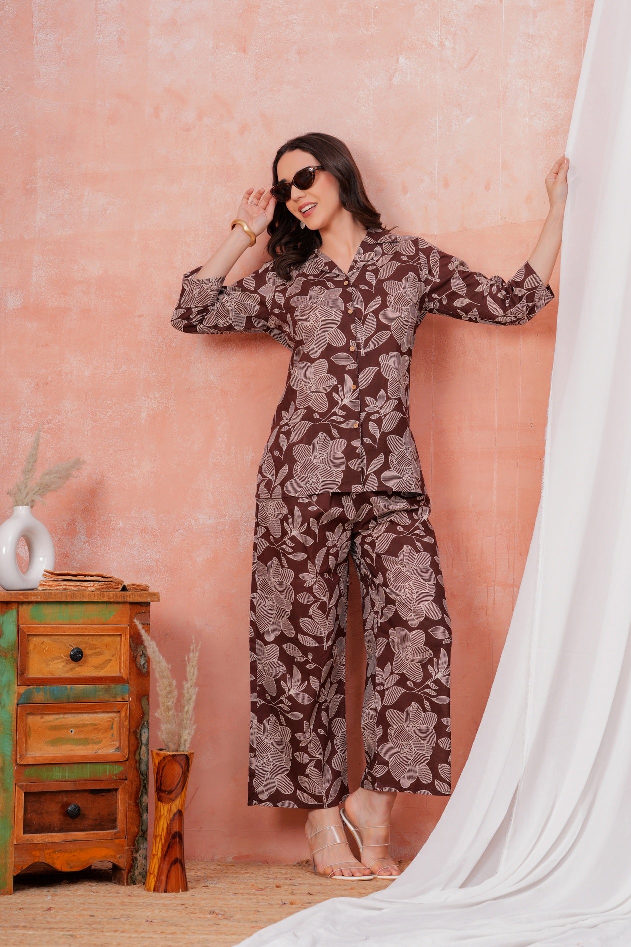 Women Brown Floral Printed Shirt Collar Top With Palazzo Pants & One Side Pocket Co-Ord Set
