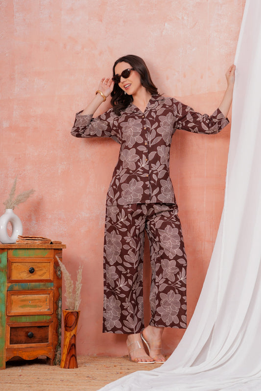 Women Brown Floral Printed Shirt Collar Top With Palazzo Pants & One Side Pocket Co-Ord Set