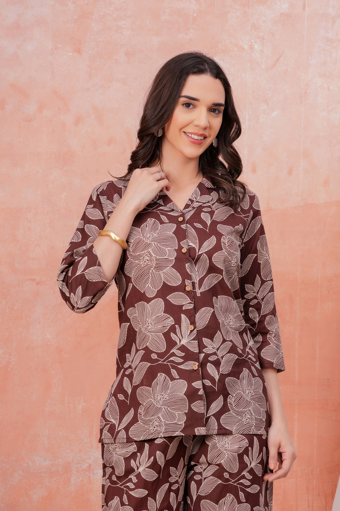 Women Brown Floral Printed Shirt Collar Top With Palazzo Pants & One Side Pocket Co-Ord Set