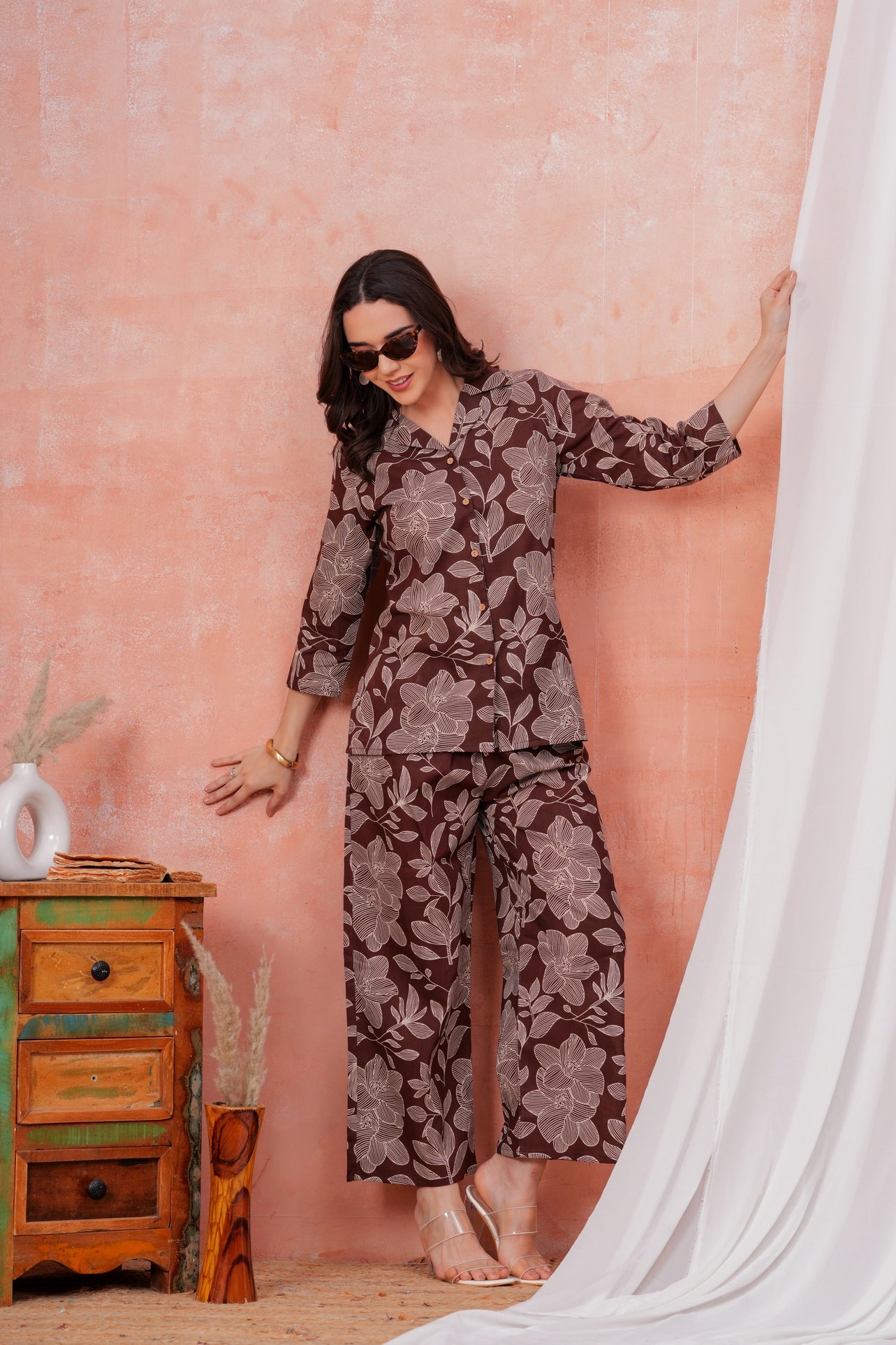 Women Brown Floral Printed Shirt Collar Top With Palazzo Pants & One Side Pocket Co-Ord Set