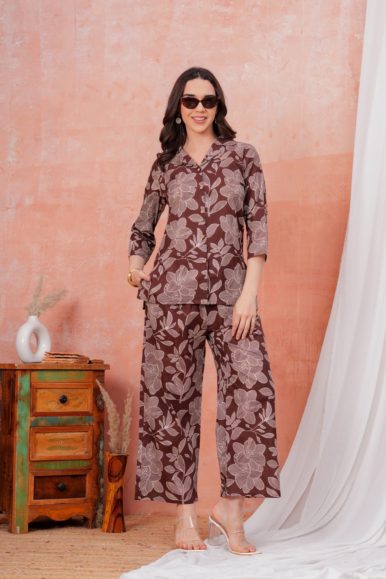 Women Brown Floral Printed Shirt Collar Top With Palazzo Pants & One Side Pocket Co-Ord Set
