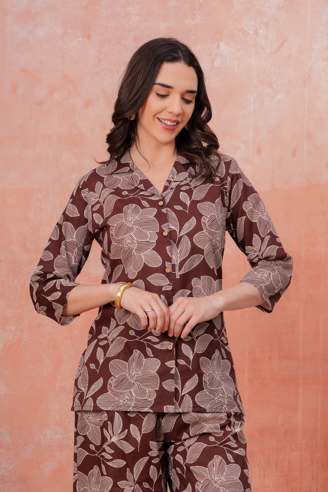 Women Brown Floral Printed Shirt Collar Top With Palazzo Pants & One Side Pocket Co-Ord Set