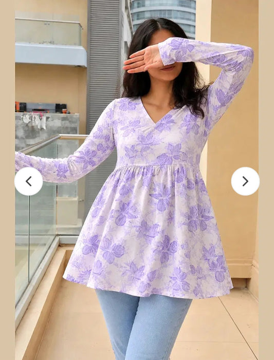 Veshviti Women Lavender Floral Print Peplum Top | V-Neck Flared Casual Top