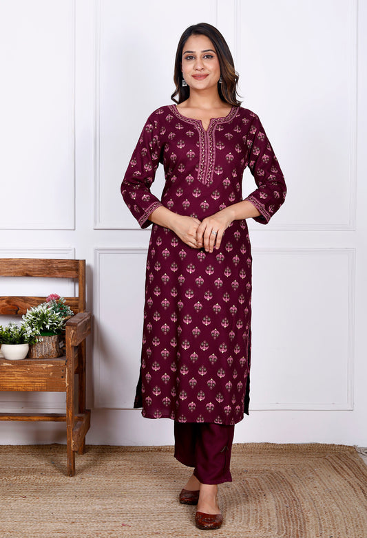 Wine Rayon Printed Women Round Neck Straight Kurta