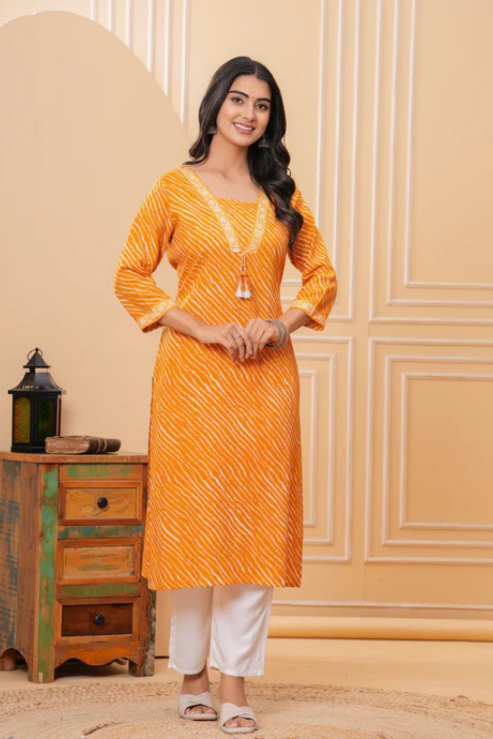 Women Mustard Cotton Leheriya Print Straight Kurta with V-Neck & 3/4 Sleeves Casual Daily Wear