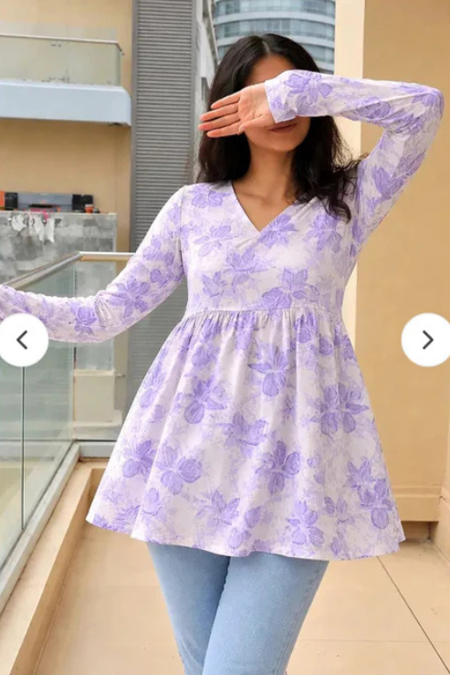 Veshviti Women Lavender Floral Print Peplum Top | V-Neck Flared Casual Top