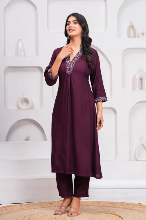 Women Wine Rayon Kurta Pant Set | V-Neck Embroidered Straight Kurti with 3/4 Sleeves Ethnic Wear