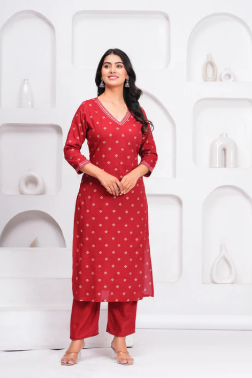 Maroon Embroidered V Neck Straight Rayon Kurta Set