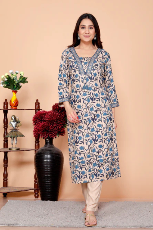 Teal Dabu Printed Rayon Printed Straight Women Kurta