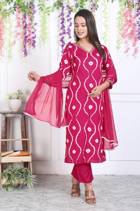 Pink Lehriya Printed Women Embroidered V neck Staright Kurta Set