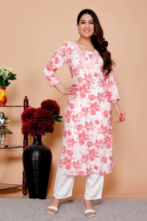 Peach Floral Printed Embroidered V Neck Rayon Straight Kurta