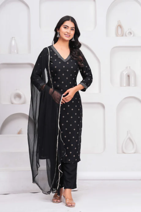 Black Embroidered V Neck Straight Rayon Kurta Set