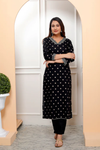 Black Embroidered V Neck Women Straight Rayon Kurta