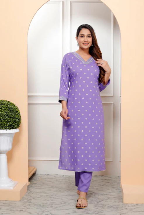 Embroidered V Neck Women Straight Rayon Kurta