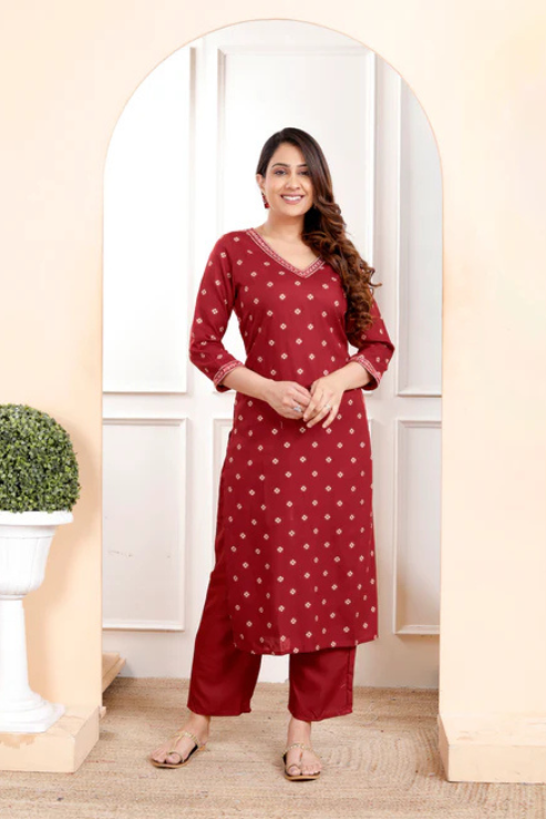 Maroon Embroidered V Neck Straight Rayon Kurta