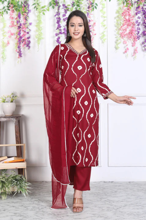 Maroon Lehriya Printed Women Embroidered V neck Staright Kurta Pant and Dupatta Set