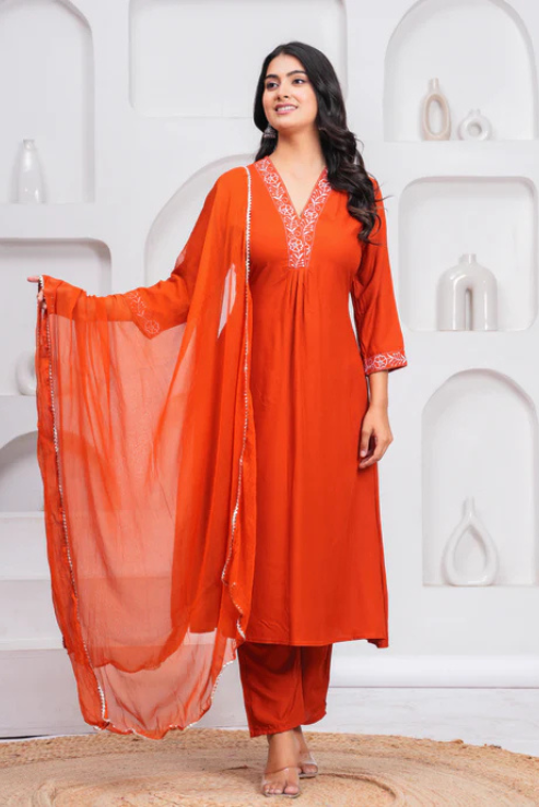 Orange Embroidered V Neck Rayon A-Line  Kurta Pant and Dupatta Set