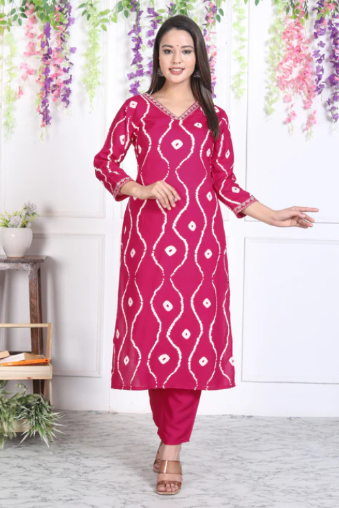 Pink Lehriya Printed Women Embroidered V neck Staright Kurta