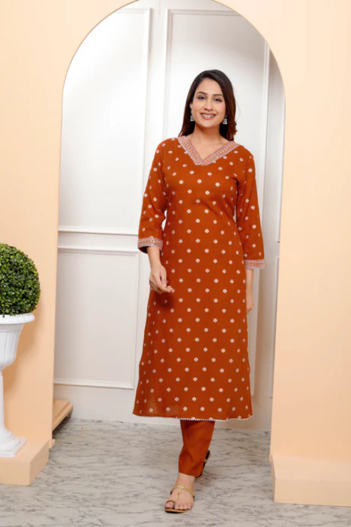Rust Embroidered V Neck Women Straight Rayon Kurta